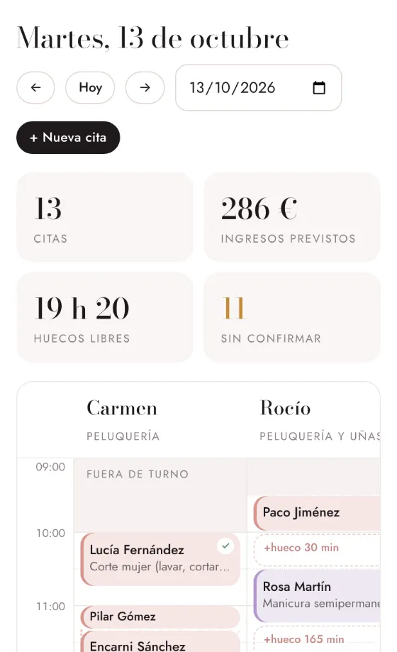 Captura de la demo: la agenda del día con una columna por persona y los huecos libres marcados
