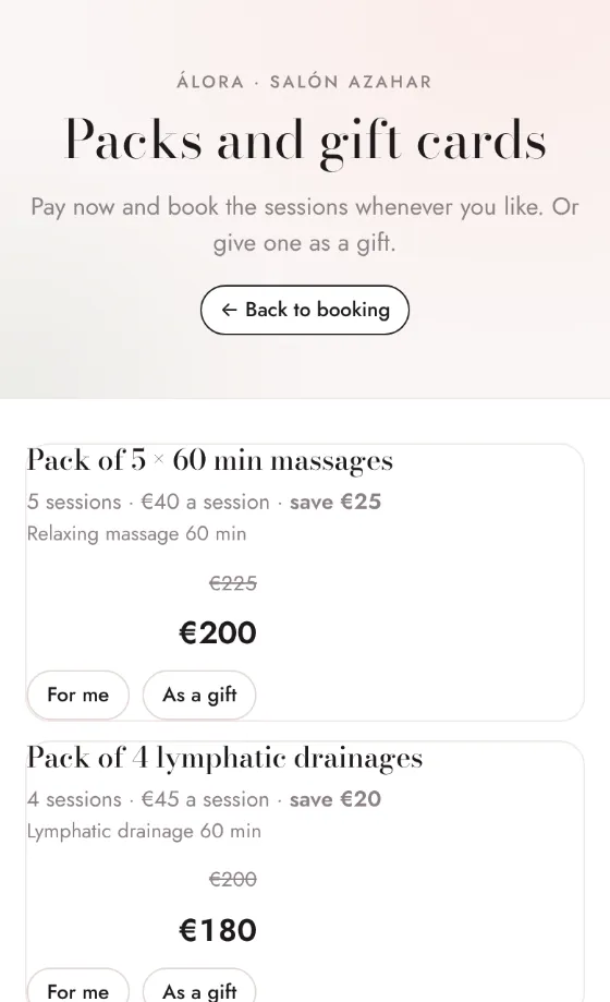 Demo screenshot: packs and gift cards with their discount