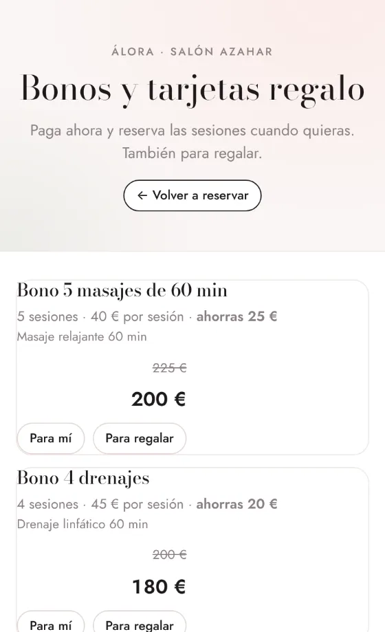 Captura de la demo: bonos y tarjetas regalo con su descuento