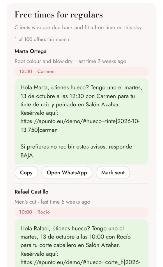 Demo screenshot: free slots offered on WhatsApp to regular clients