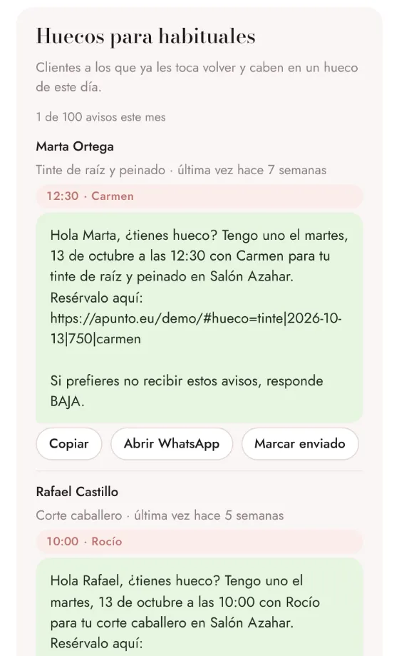 Captura de la demo: huecos libres ofrecidos por WhatsApp a clientes habituales