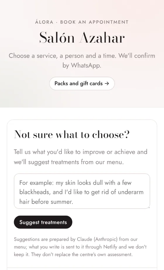 Demo screenshot: the booking page with the “Not sure what to choose?” box