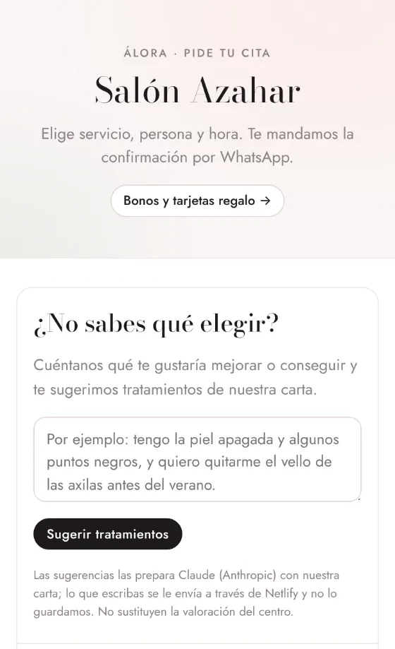 Captura de la demo: la página de reservas con el recuadro «¿No sabes qué elegir?»